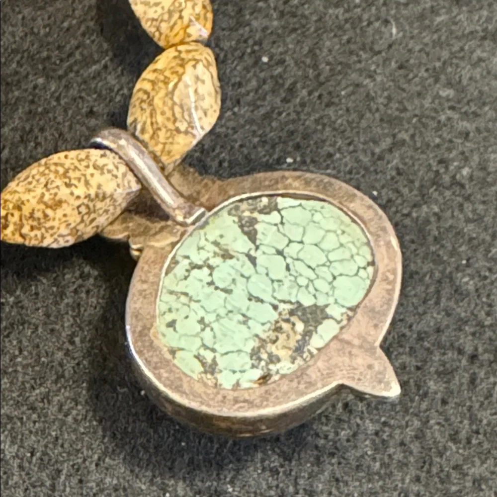 Handmade turquoise pendant on sterling necklace with barrel jasper stone beads